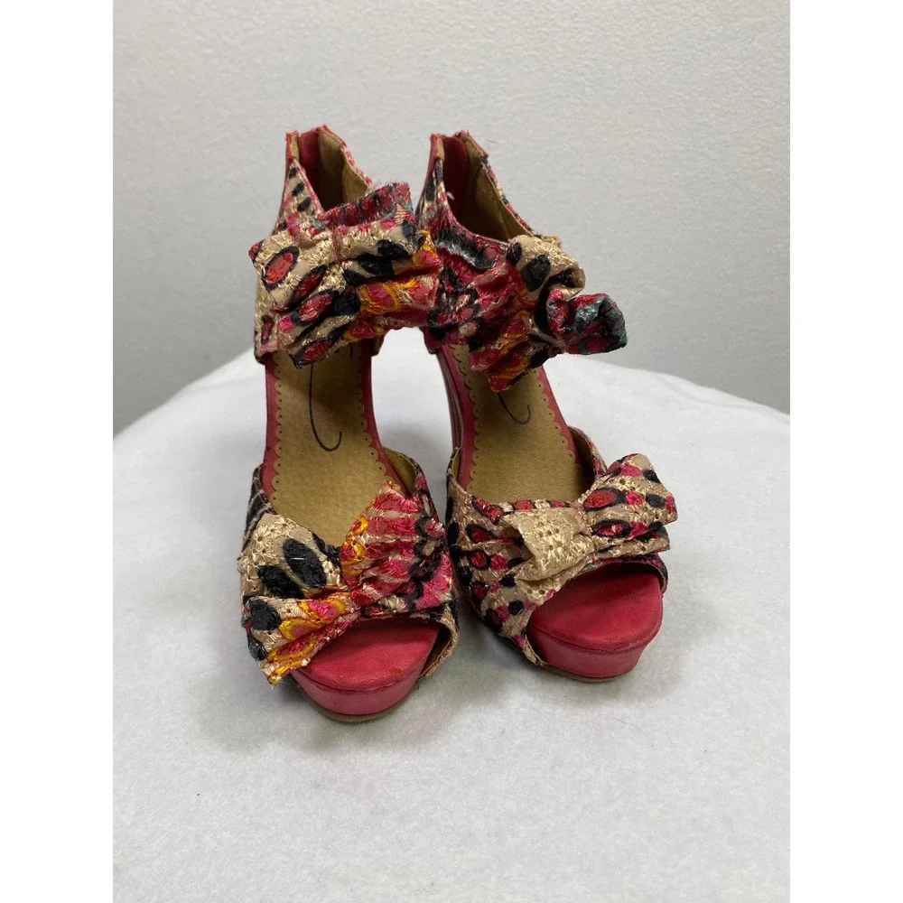 Women's Pink Tan Tribal Print‎ Stiletto Heels Sandals Open Toe Bow Ankle Strap